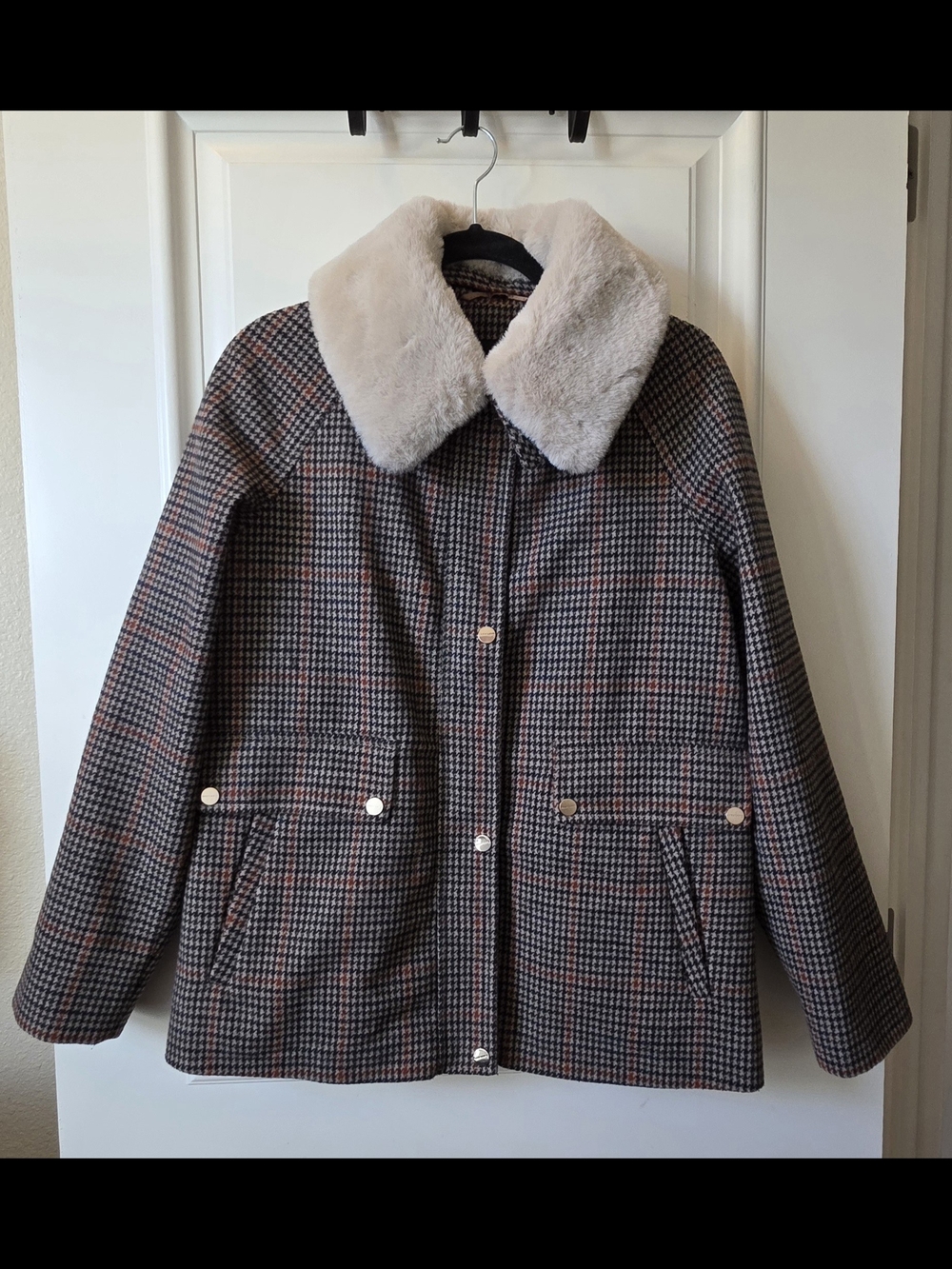 Sanctuary Plaid Pea Coat with Cream Detachable Faux Fur Collar
